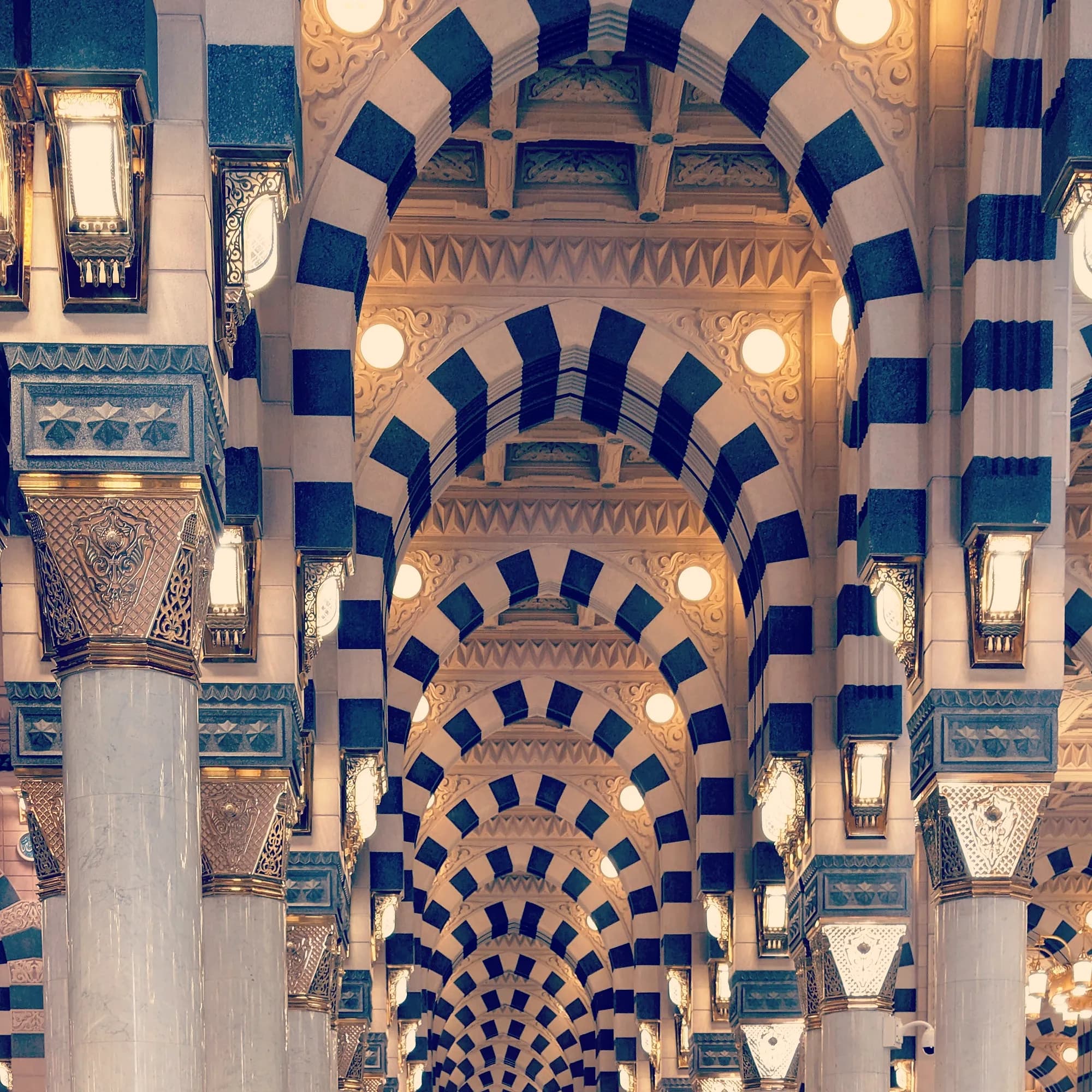 The black-and-white striped arches inside the Prophet's Mosque, Madinah