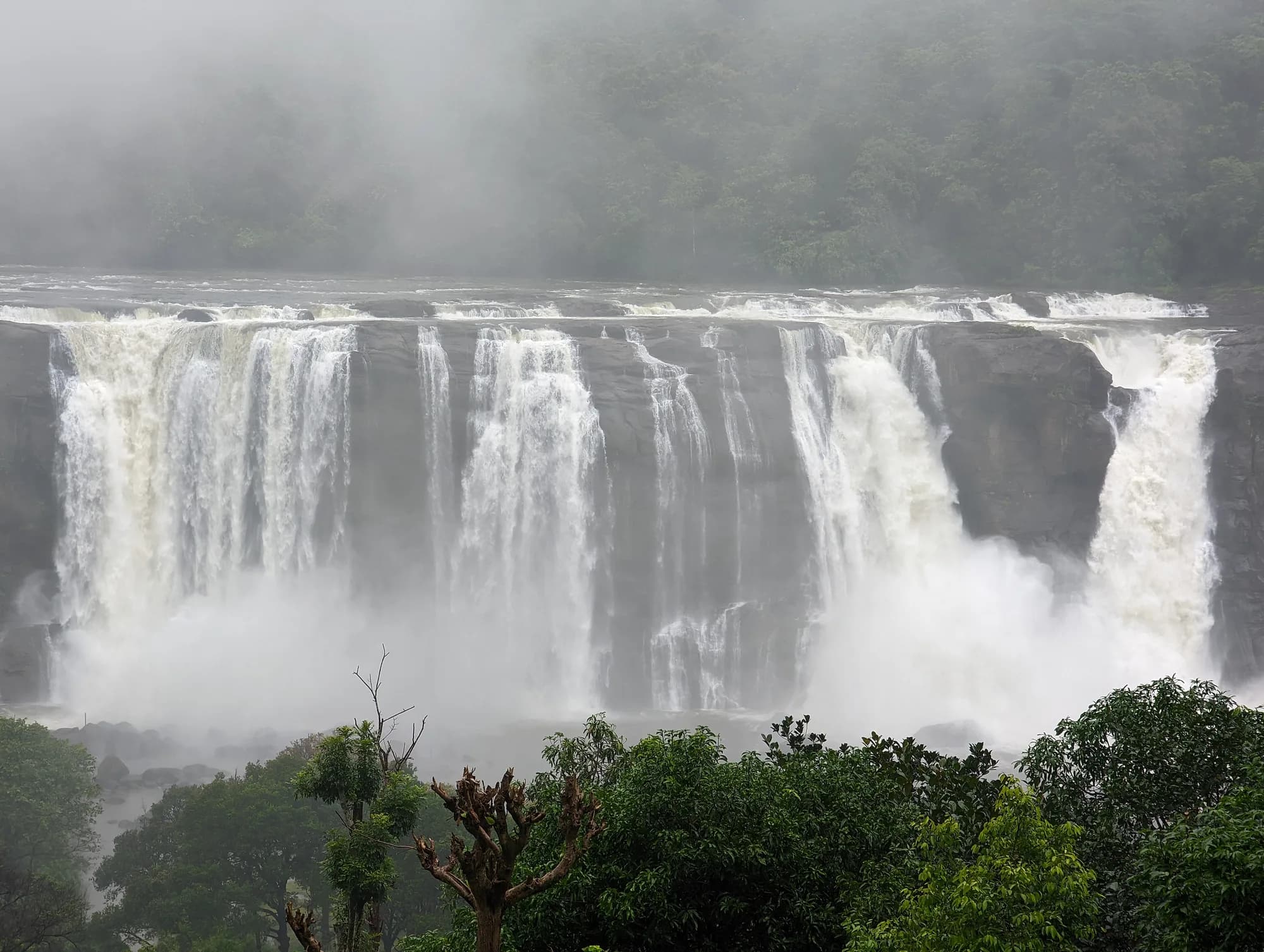 A wide waterfall in full flow during the monsoon, Kerala, India